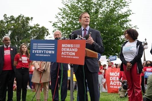 Blumenthal joins a rally with advocates from Everytown for Gun Safety and Moms Demand Action.